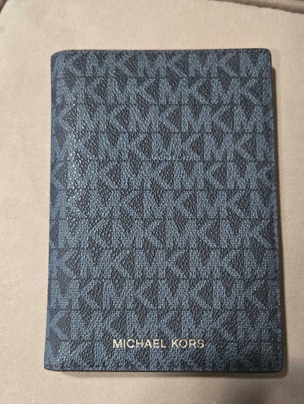 Michael Kors Dark Blue Monogram Passport Cover with Gold Logo